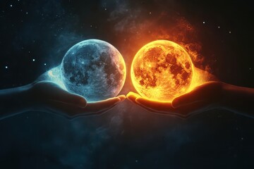 A pair of hands holding a glowing sun on one side and a shimmering moon on the other, symbolizing the balance of light and dark