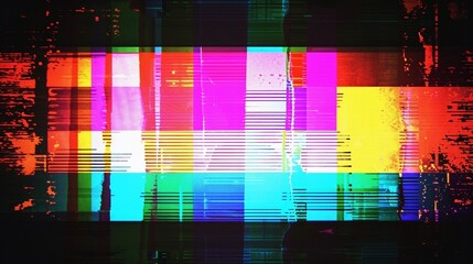 Heavy intentional glitch distortion fx: a fake television broadcasting test pattern colorful bars (both horizontal and vertical) with the text Technical difficulties (inside a black box).