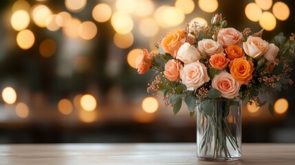 A vibrant bouquet of colorful roses fills a clear vase, creating an eye-catching display that radiates joy and beauty, enhanced by a sparkling bokeh background for an enchanting effect.