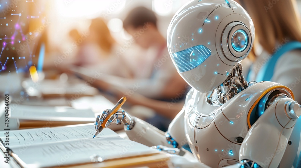 Aufkleber ai robot with conference and education concept. intelligent robot learning in modern classroom setti