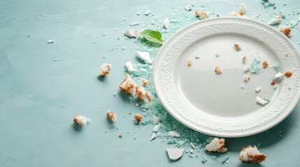 This artistic image captures a clean plate overshadowed by broken ceramic and crumbs, evoking feelings of loss, reflection, and the aftermath of enjoyment.