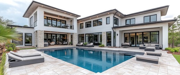 Modern home exterior with a pool, tile patio, and outdoor seating area on a sunny day