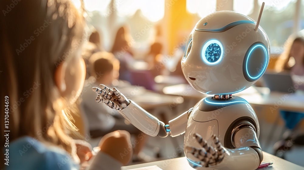Poster ai robot with conference and education concept. interactive educational robot engaging with child le