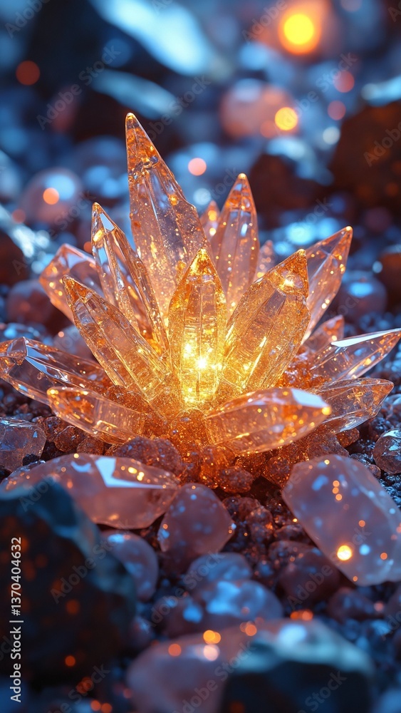 Poster Abstract crystal formation with sharp edges and brilliant reflections showcasing intricate details and vibrant light patterns emanating from the center