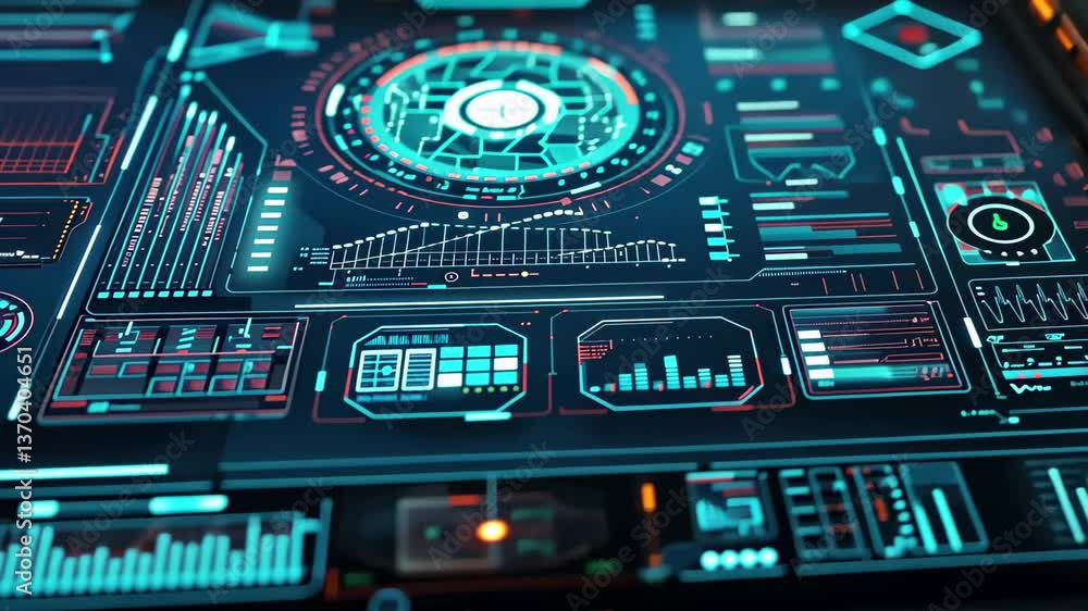 Poster a high-tech workspace features a glowing digital interface displaying complex data analysis with vib