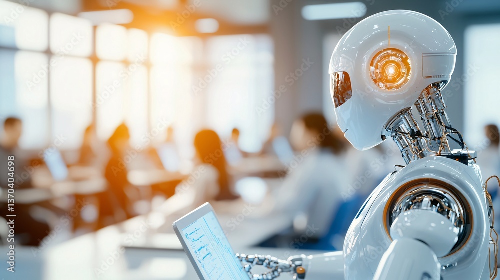 Poster ai robot with conference and education concept. futuristic robot attending a class in modern office