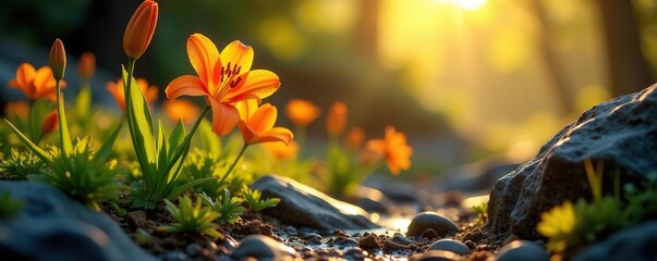 Orange yello lily blooms in the morning light peeking out from between rocks, flowers, sunlight