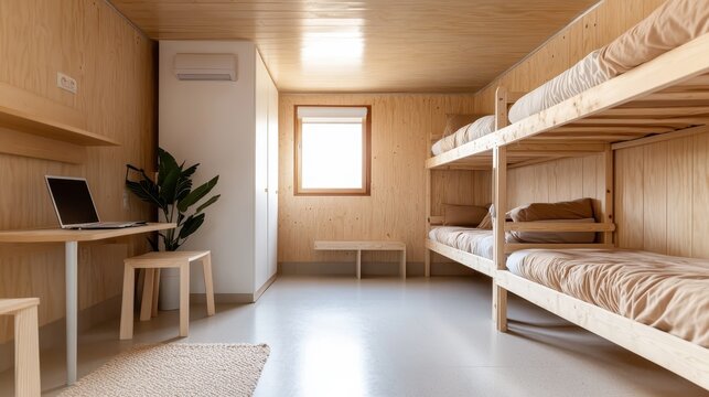 Featuring minimalist design, this room showcases comfortable bunk beds with ample natural light, providing an inviting atmosphere ideal for shared and cozy living.