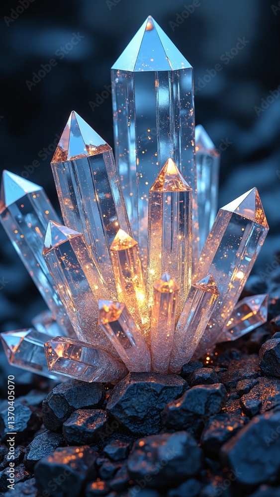 Poster Abstract crystal formation with sharp edges and brilliant reflections showcasing intricate details and vibrant light patterns emanating from the center