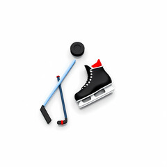 ice hockey equipment: skate sticks and puck on white background