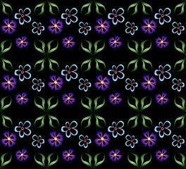 Seamless floral pattern with leaves and flowers in blue and lilac on a black background