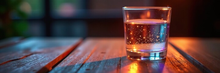Iridescent glass catches light against a dark wooden table, light, , reflection