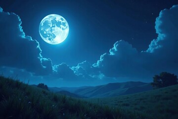 nighttime landscape with full moon and clouds, shadows, lunar