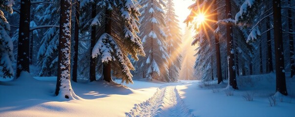 Sunlight breaks through the canopy of dense trees in a snowy forest, peaceful, dappled