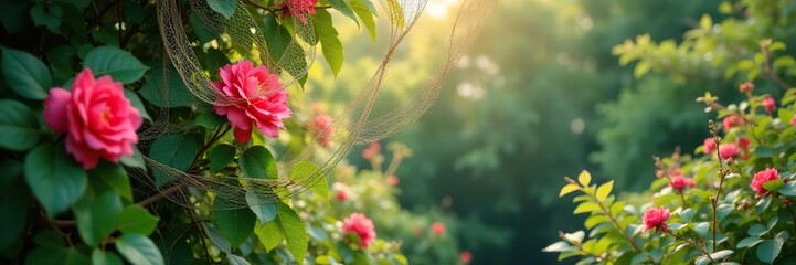 Netting draped over vines with flowers and leaves in the foreground, flower, nature