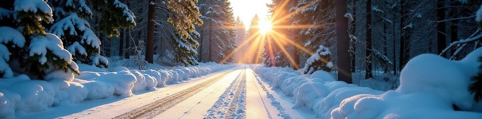 Sunbeams dance through snow-covered evergreens on a frozen road, evergreen, branches, landscape