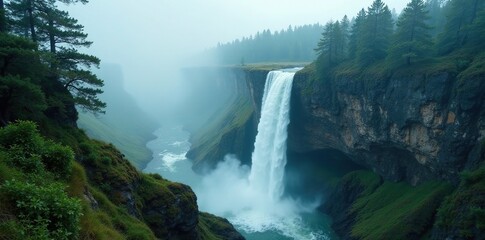 Misty veil of water cascading down the rugged cliffside, forest, mist