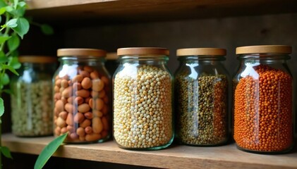 Stack of jars with seed samples on wooden shelf, seeds, botanical, greenery