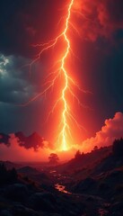 Fiery lightning bolt engulfs a burning landscape, damage, smoke