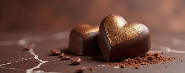 Bronze-finished heart-shaped chocolates on a marble table, chocolate, luxury