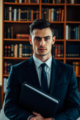Serious Young Man in Suit Holding Folder in Office Library