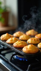 Steaming savory muffins on a stovetop or in the oven, cooking, warm