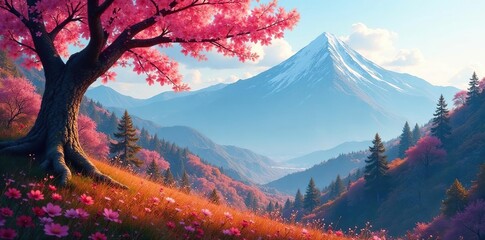 Autumn mountain forest with peach blossoms on the ground, tree, mountain