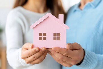 First-Time Homebuyer Couple Holding Miniature House Model Together in Modern Living Room, Symbolizing New Home Purchase, Cozy Interior, Real Estate, Homeownership Journey