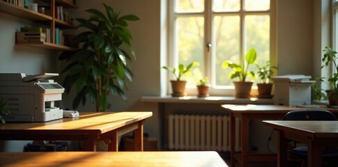 Natural light pours through the window onto wooden desks, quiet, peaceful, wood