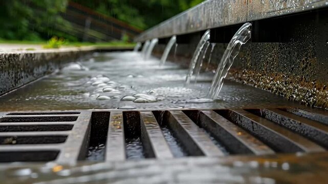 Water streams from a storm drain filled with rainwater, highlighting urban infrastructure amid greenery in a park during a rainy day.