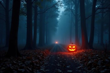 Foggy forest path lit by giant glowing jack o lantern, lantern, darkness, autumn