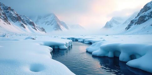 Snowy hills with frozen streams and misty fog rolling over them, icy terrain, majestic