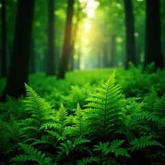 A carpet of wild ferns in the forest undergrowth, vegetation, dense vegetation, forest