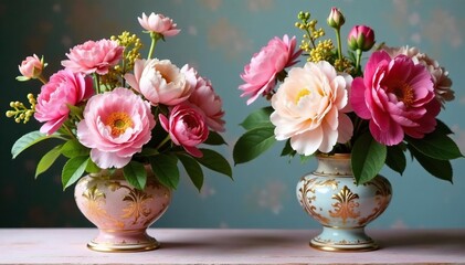 colorful floral arrangement with peonies and hydrangeas in ornate vases, flora, delicate details, vases