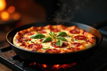 Pan-seared pizza on cast iron skillet by fire, , oven
