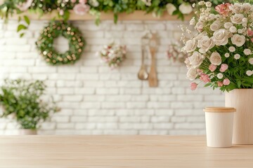 Fototapeta premium Flower Shop Interior with Fresh and Dried Floral Arrangements, Handmade Wreaths on Brick Wall, Wooden Counter with Vibrant Bouquets and Vintage Floral Tools, Charming Florist Shop Design