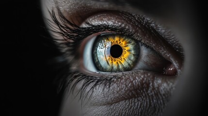 A close-up image that captures the intricate details of a human eye, showcasing vibrant hues of yellow and green, set against a dramatic dark background. Powerful and vivid.