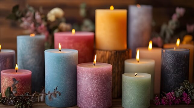 Colorful candles burning on wooden table with flowers