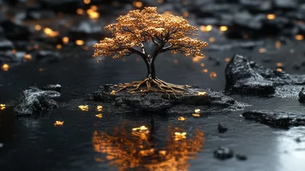 Gordijnen Golden tree on dark rocks, reflecting in water © RONNY