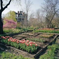 Spadina House vegetable garden, early Spring, The vegetable patches are borderd by Tulips in full bloom