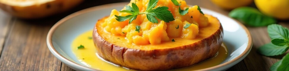 Steamed sweet potato on a plate with lemon butter sauce, lemon butter sauce, kitchen staples, citrusy