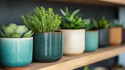 This sophisticated display features potted greens in varying shapes and sizes, beautifully arranged on a shelf to enhance the aesthetic appeal of the interior decor.