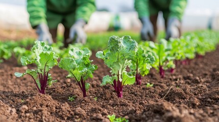 Fresh Green Crop Growth in Organic Farm with Workers in Field