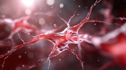 This close-up visualization showcases a vibrant red neural network, emphasizing the intricate connections and structure that form the basis of communication within the brain.