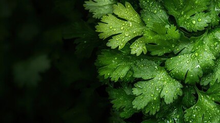 Dew drops glisten on fresh cilantro leaves in natural light, capturing the essence of freshness and vitality, perfect for cooking or healthy eating, inspiring culinary creativity.