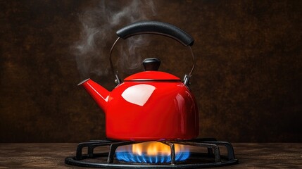 A bold red enamel kettle sitting on a gas flame, producing steam, with a deep brown background.
