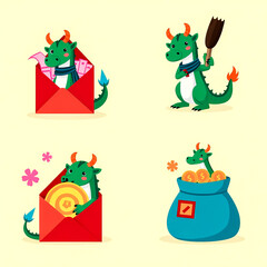 Obraz premium four playful dragons interacting with symbols of wealth and prosperity