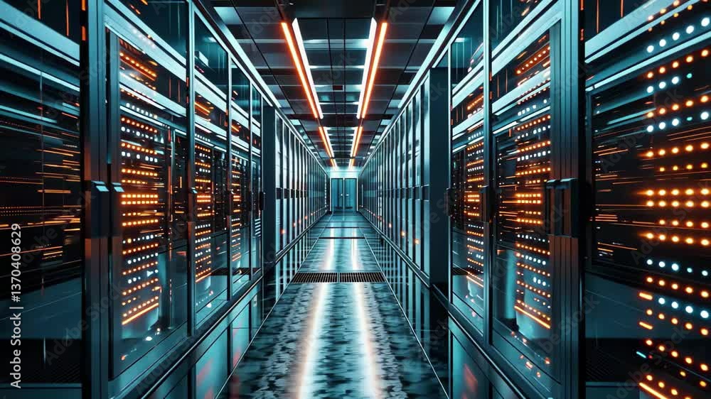 Poster the corridor of a modern data center features rows of illuminated server racks, emphasizing a sleek 