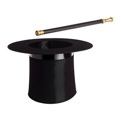 a classic magician's black top hat with a magic wand on transparent background