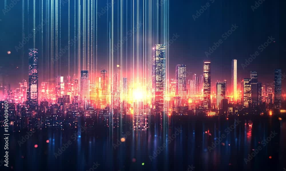 Aufkleber futuristic cyberpunk cityscape with glowing lights and data streams visual concept